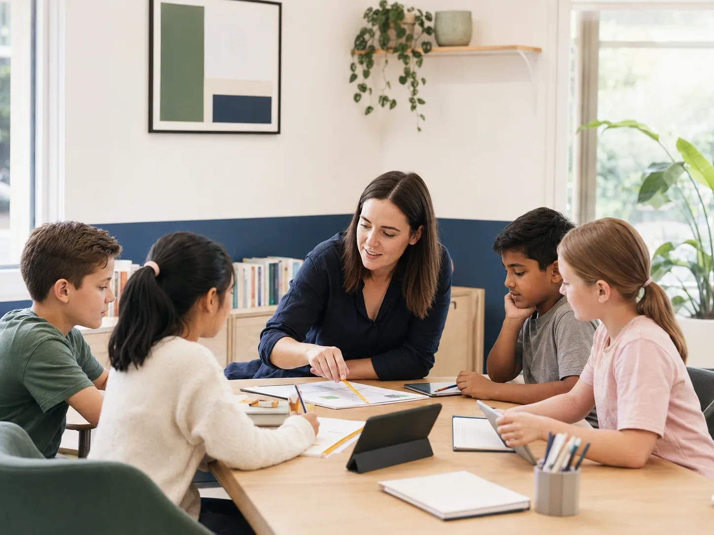 Teacher supporting a small group in a learning studio