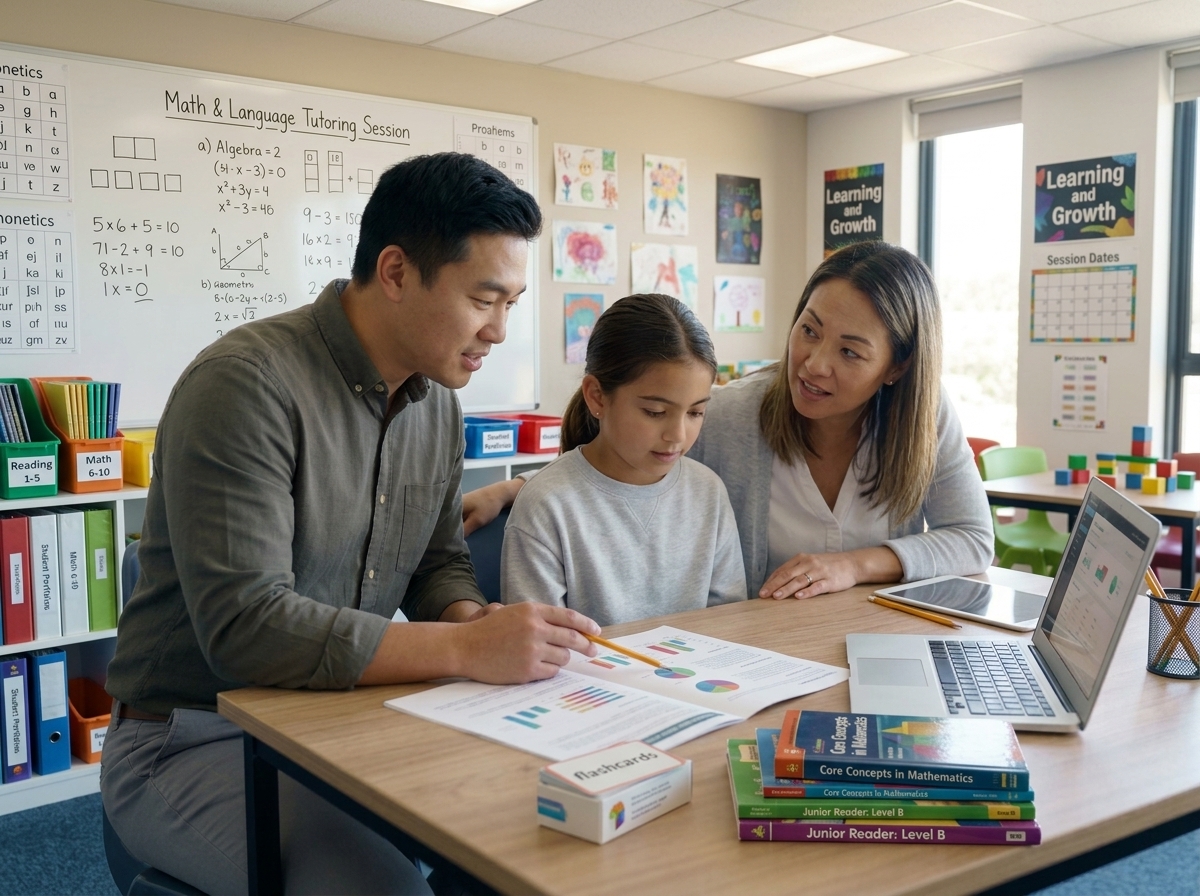Teacher reviewing assessment with parent and child